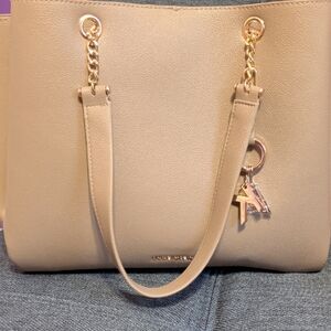 Anne Klein Taupe Tote with Gold-Tone Chain Accents